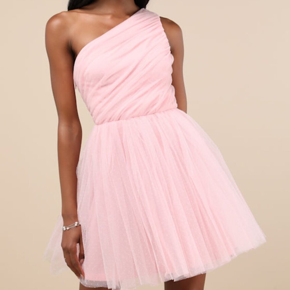 Lulus Exceptional Moments Light Pink Swiss Dot One-shoulder Mini Dress - Size S